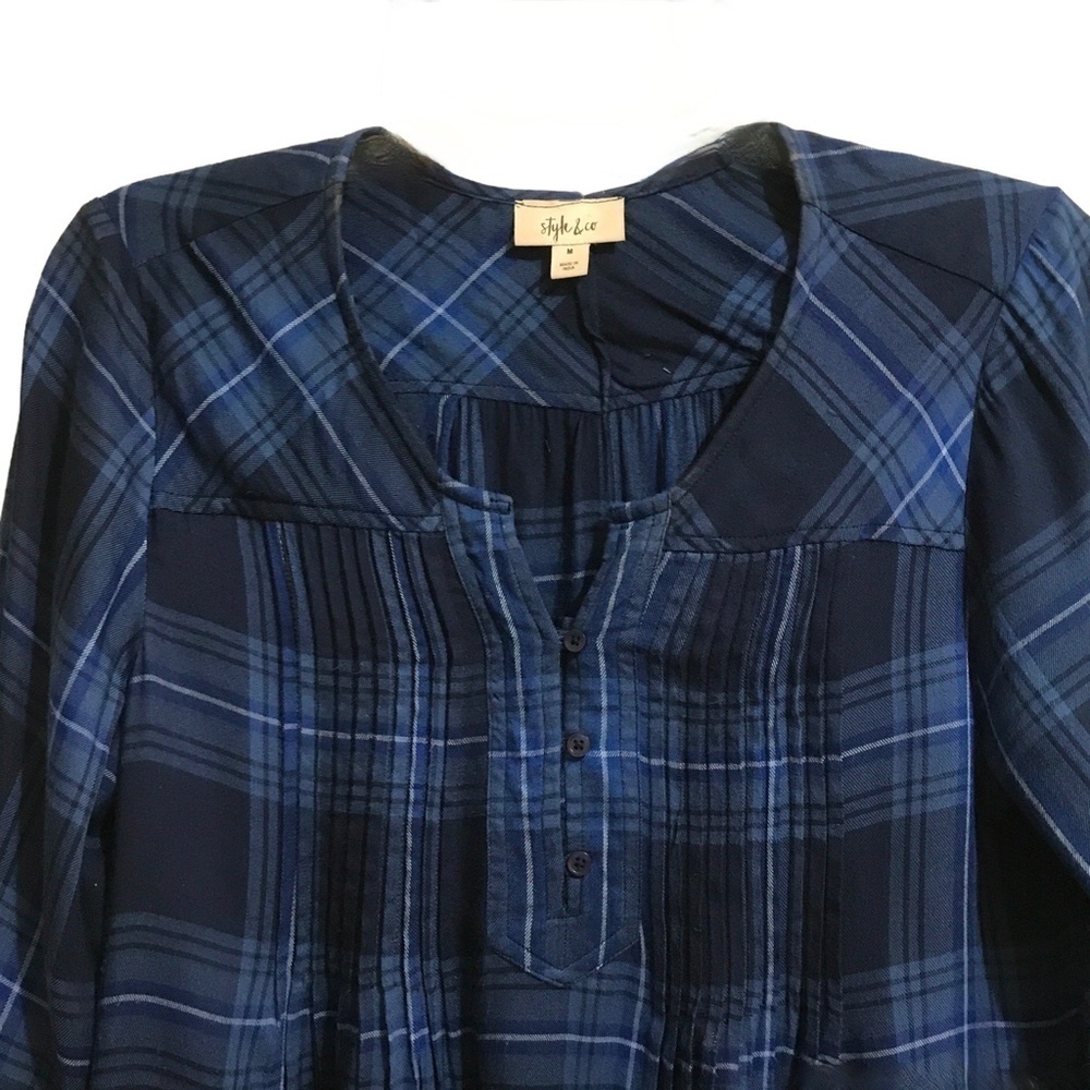Style & Co. Long Sleeve Plaid Top Buttons & Gathering